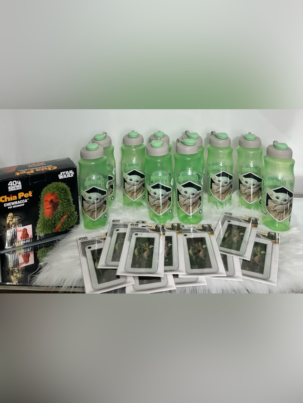 Baby Yoda Green Water Bottles, Stickers and Star Wars Chewbacca Planter
